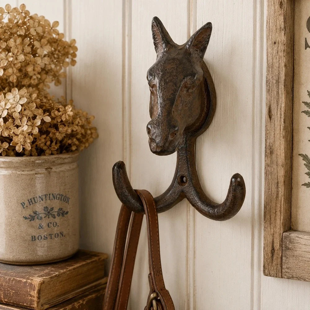 Cast Iron Horse Head Double Wall Hook Rustic Equestrian Cottage Farmhouse Decor